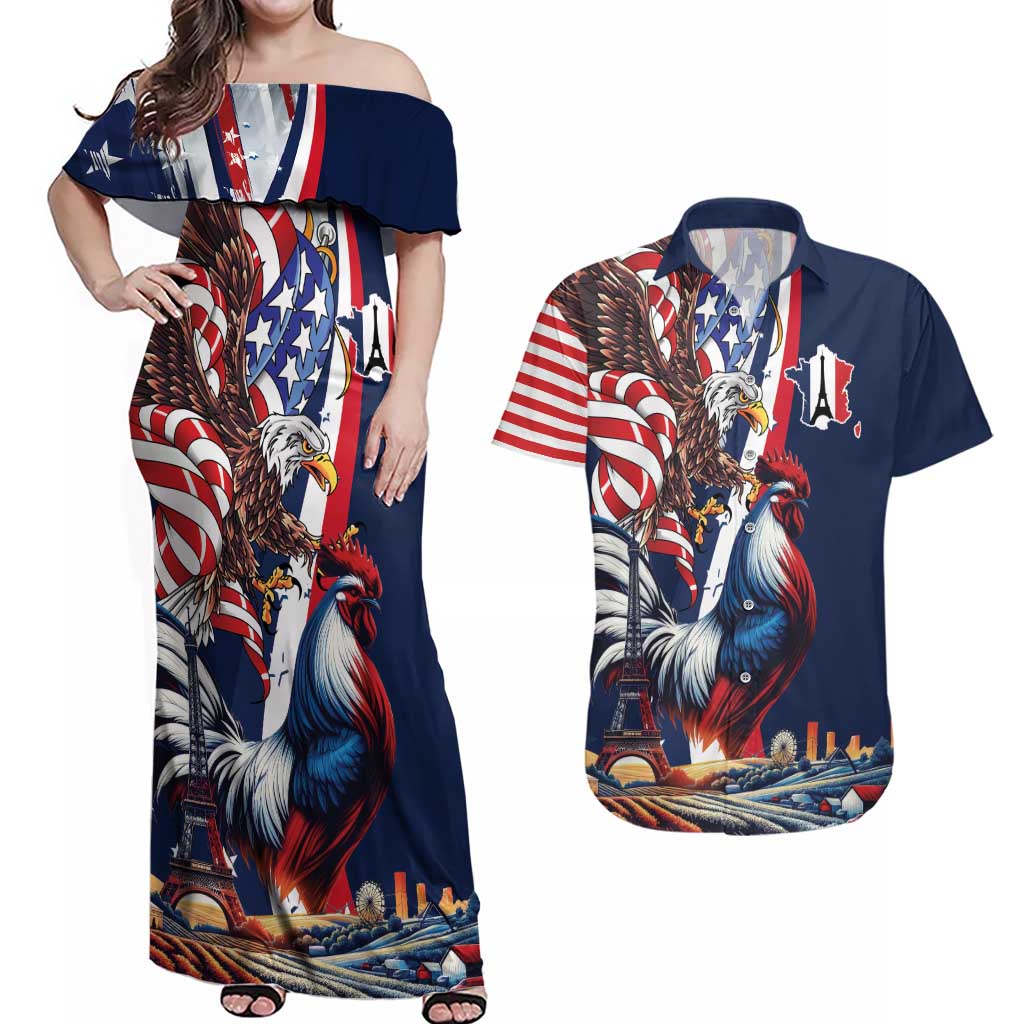 French American Heritage Month Couples Matching Off Shoulder Maxi Dress and Hawaiian Shirt Gallic Rooster And Bald Eagle
