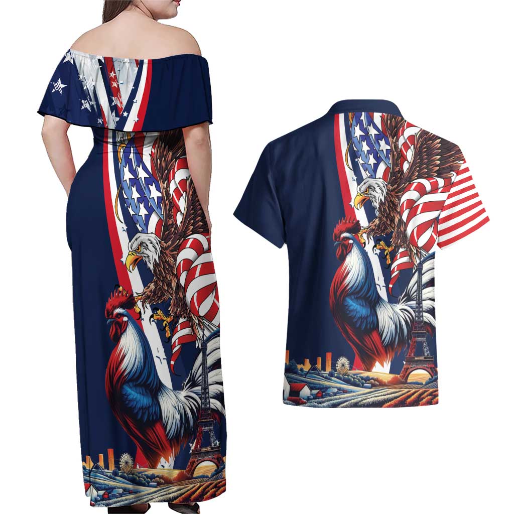 French American Heritage Month Couples Matching Off Shoulder Maxi Dress and Hawaiian Shirt Gallic Rooster And Bald Eagle