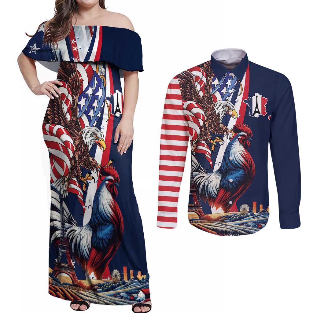 French American Heritage Month Couples Matching Off Shoulder Maxi Dress and Long Sleeve Button Shirt Gallic Rooster And Bald Eagle