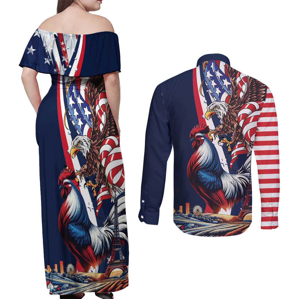 French American Heritage Month Couples Matching Off Shoulder Maxi Dress and Long Sleeve Button Shirt Gallic Rooster And Bald Eagle