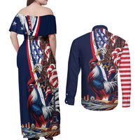 French American Heritage Month Couples Matching Off Shoulder Maxi Dress and Long Sleeve Button Shirt Gallic Rooster And Bald Eagle