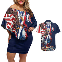 French American Heritage Month Couples Matching Off Shoulder Short Dress and Hawaiian Shirt Gallic Rooster And Bald Eagle