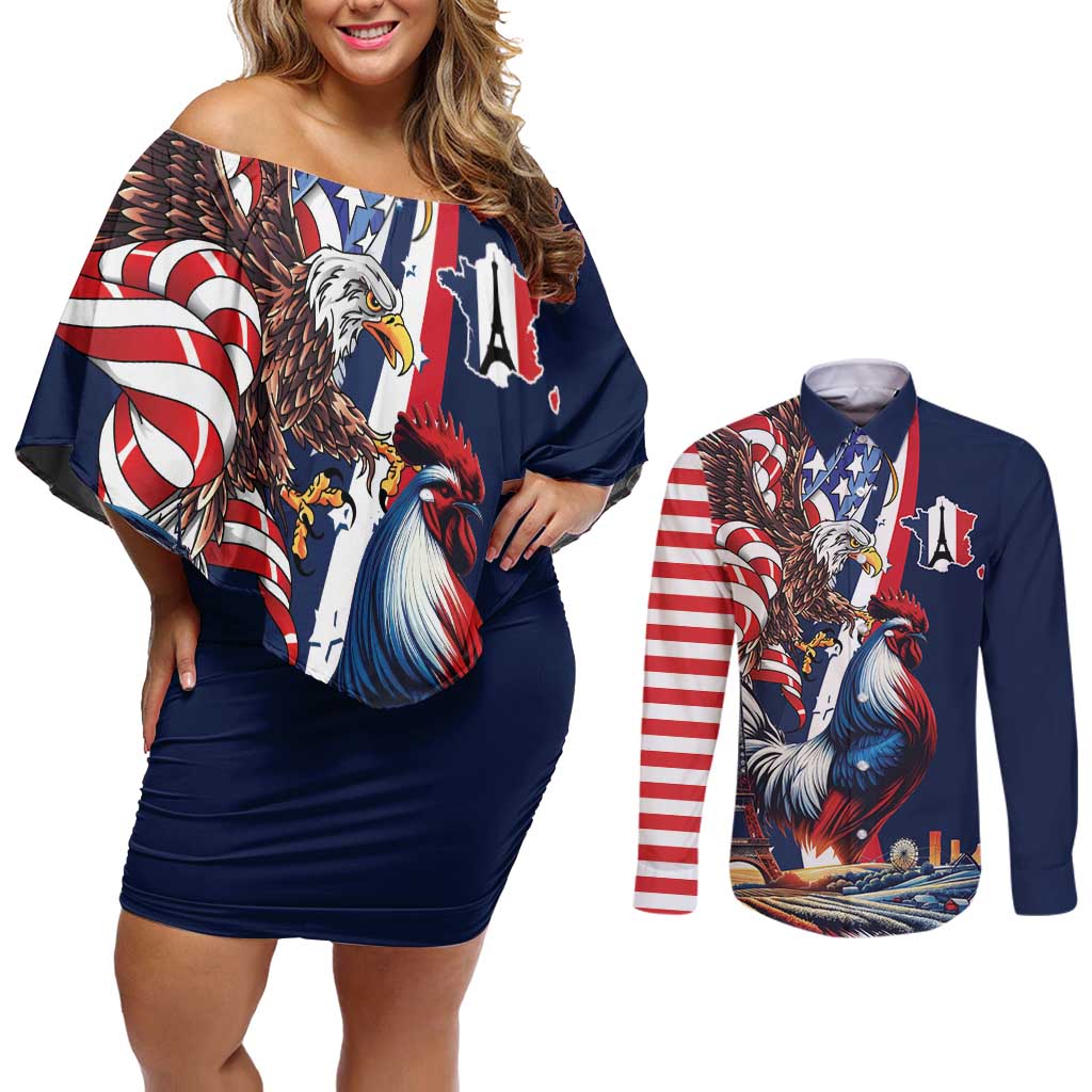 French American Heritage Month Couples Matching Off Shoulder Short Dress and Long Sleeve Button Shirt Gallic Rooster And Bald Eagle