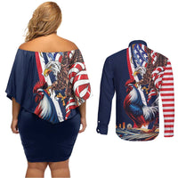 French American Heritage Month Couples Matching Off Shoulder Short Dress and Long Sleeve Button Shirt Gallic Rooster And Bald Eagle