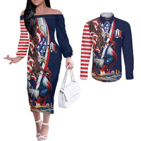 French American Heritage Month Couples Matching Off The Shoulder Long Sleeve Dress and Long Sleeve Button Shirt Gallic Rooster And Bald Eagle