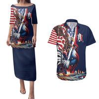 French American Heritage Month Couples Matching Puletasi and Hawaiian Shirt Gallic Rooster And Bald Eagle