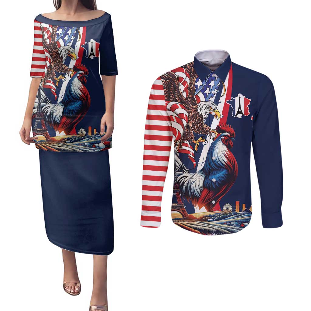 French American Heritage Month Couples Matching Puletasi and Long Sleeve Button Shirt Gallic Rooster And Bald Eagle