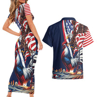 French American Heritage Month Couples Matching Short Sleeve Bodycon Dress and Hawaiian Shirt Gallic Rooster And Bald Eagle