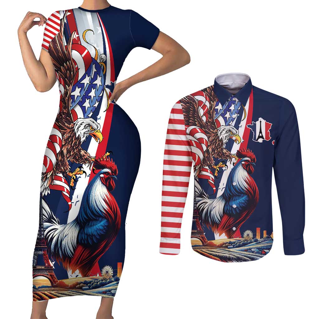 French American Heritage Month Couples Matching Short Sleeve Bodycon Dress and Long Sleeve Button Shirt Gallic Rooster And Bald Eagle