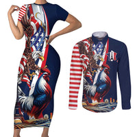 French American Heritage Month Couples Matching Short Sleeve Bodycon Dress and Long Sleeve Button Shirt Gallic Rooster And Bald Eagle