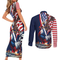 French American Heritage Month Couples Matching Short Sleeve Bodycon Dress and Long Sleeve Button Shirt Gallic Rooster And Bald Eagle