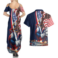 French American Heritage Month Couples Matching Summer Maxi Dress and Hawaiian Shirt Gallic Rooster And Bald Eagle