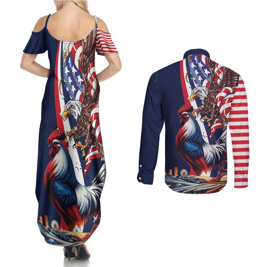 French American Heritage Month Couples Matching Summer Maxi Dress and Long Sleeve Button Shirt Gallic Rooster And Bald Eagle