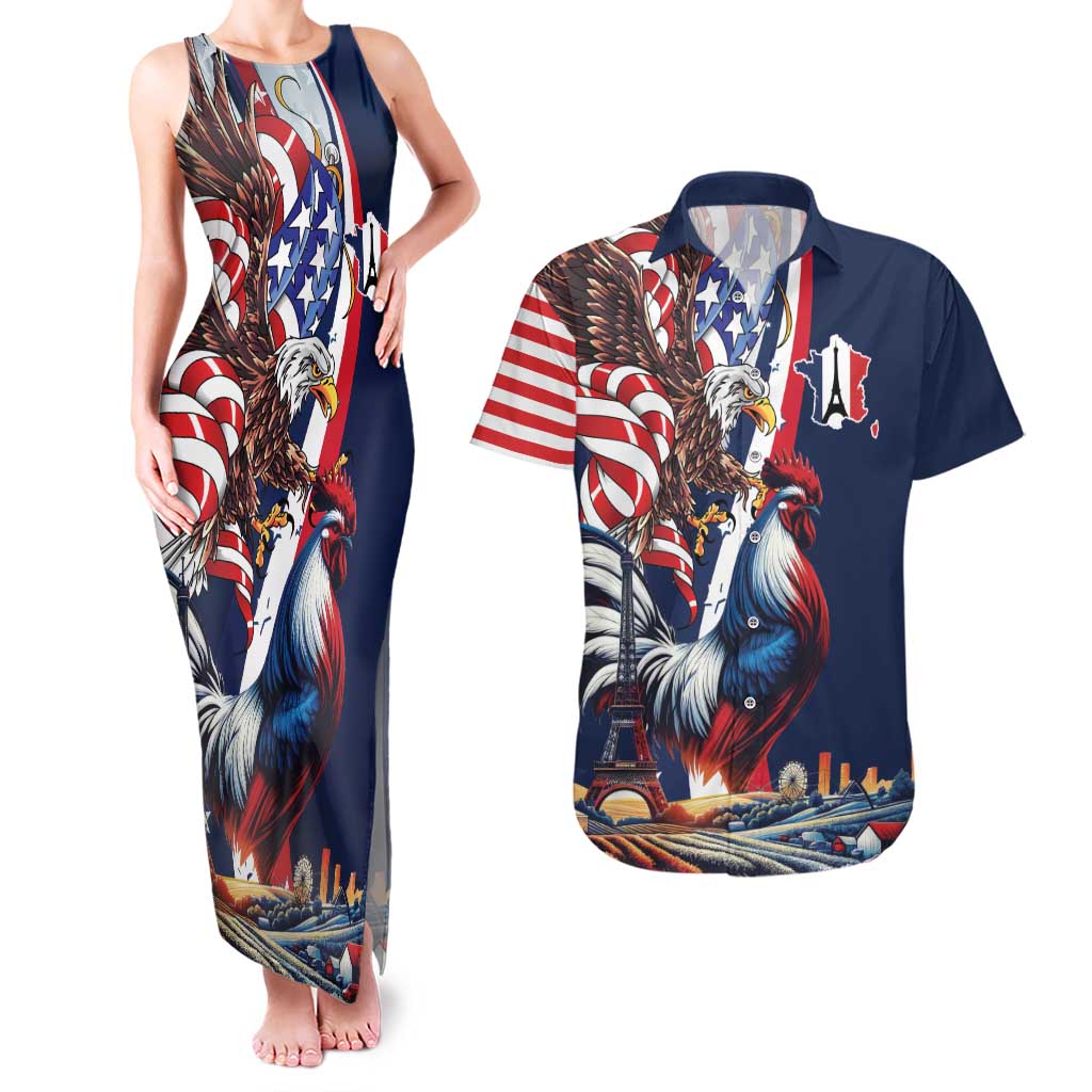 French American Heritage Month Couples Matching Tank Maxi Dress and Hawaiian Shirt Gallic Rooster And Bald Eagle