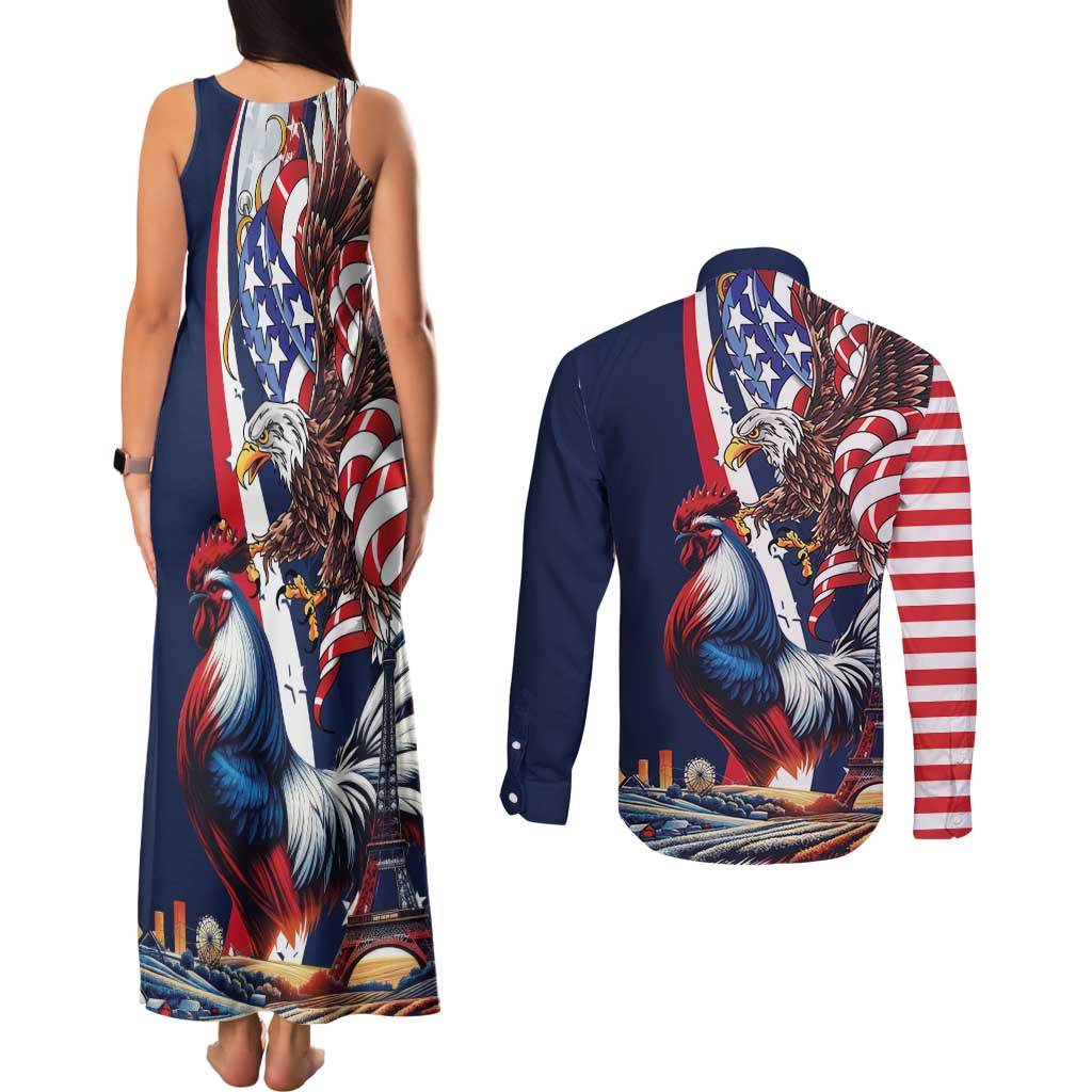 French American Heritage Month Couples Matching Tank Maxi Dress and Long Sleeve Button Shirt Gallic Rooster And Bald Eagle