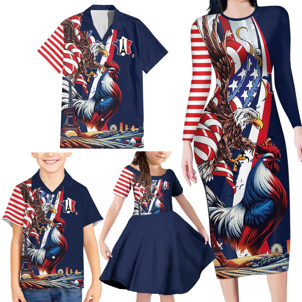 French American Heritage Month Family Matching Long Sleeve Bodycon Dress and Hawaiian Shirt Gallic Rooster And Bald Eagle