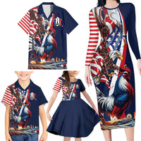 French American Heritage Month Family Matching Long Sleeve Bodycon Dress and Hawaiian Shirt Gallic Rooster And Bald Eagle