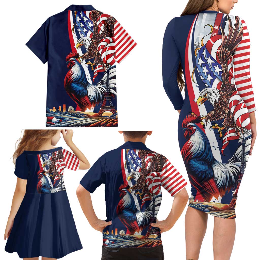 French American Heritage Month Family Matching Long Sleeve Bodycon Dress and Hawaiian Shirt Gallic Rooster And Bald Eagle