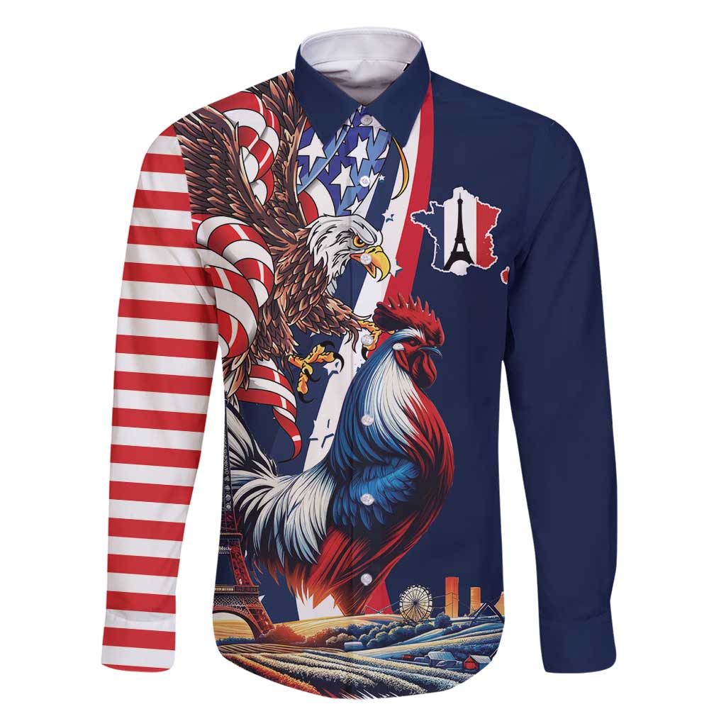 French American Heritage Month Family Matching Long Sleeve Bodycon Dress and Hawaiian Shirt Gallic Rooster And Bald Eagle