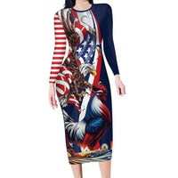 French American Heritage Month Family Matching Long Sleeve Bodycon Dress and Hawaiian Shirt Gallic Rooster And Bald Eagle