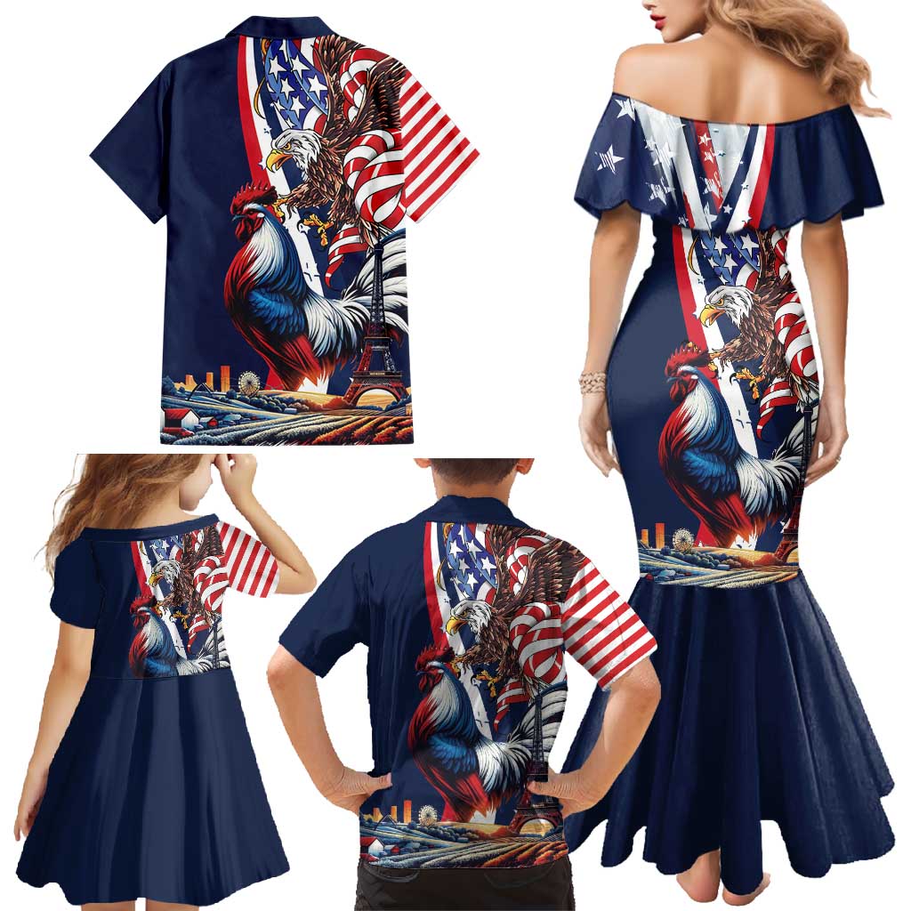 French American Heritage Month Family Matching Mermaid Dress and Hawaiian Shirt Gallic Rooster And Bald Eagle