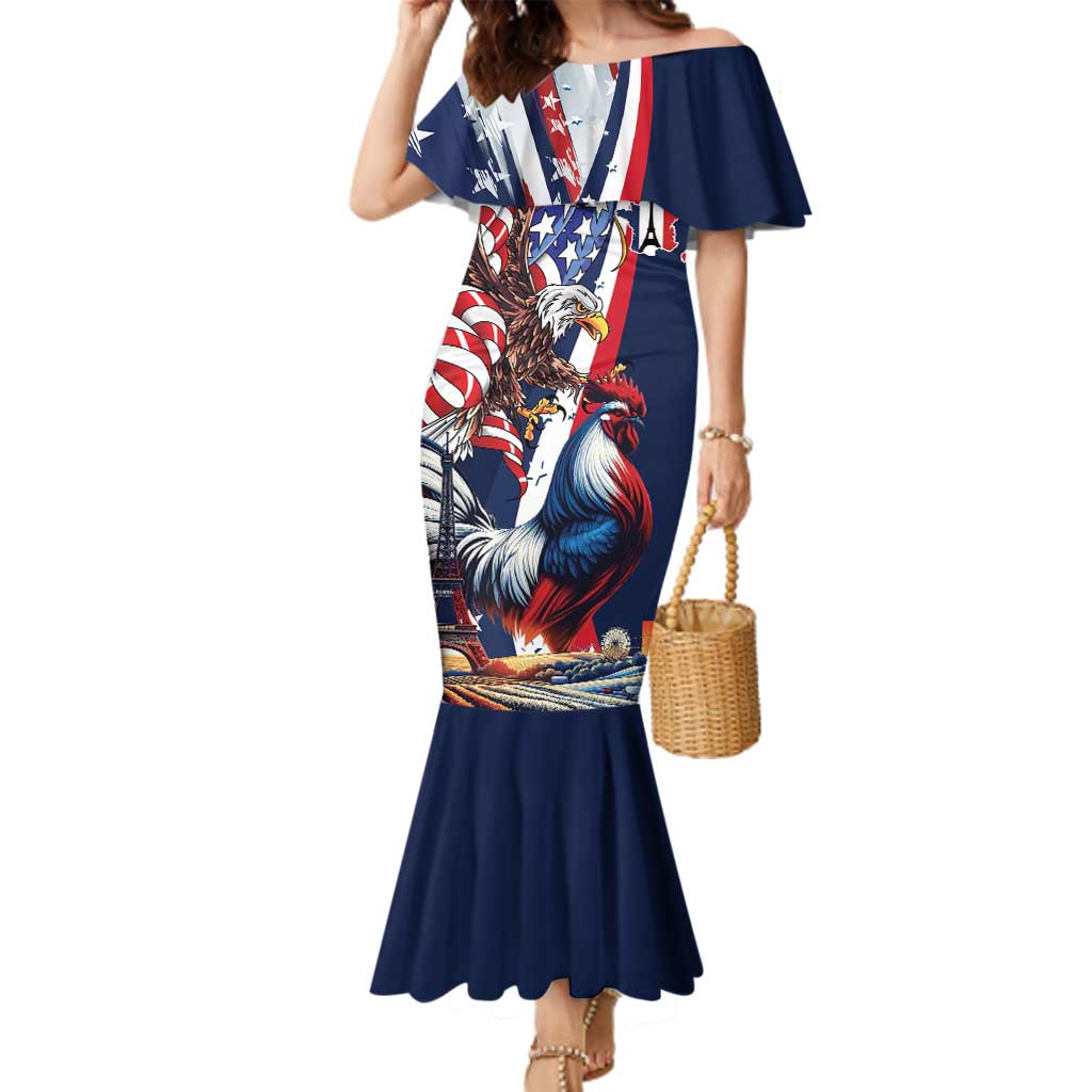 French American Heritage Month Family Matching Mermaid Dress and Hawaiian Shirt Gallic Rooster And Bald Eagle