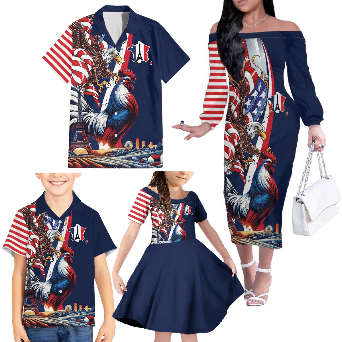French American Heritage Month Family Matching Off The Shoulder Long Sleeve Dress and Hawaiian Shirt Gallic Rooster And Bald Eagle
