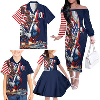 French American Heritage Month Family Matching Off The Shoulder Long Sleeve Dress and Hawaiian Shirt Gallic Rooster And Bald Eagle