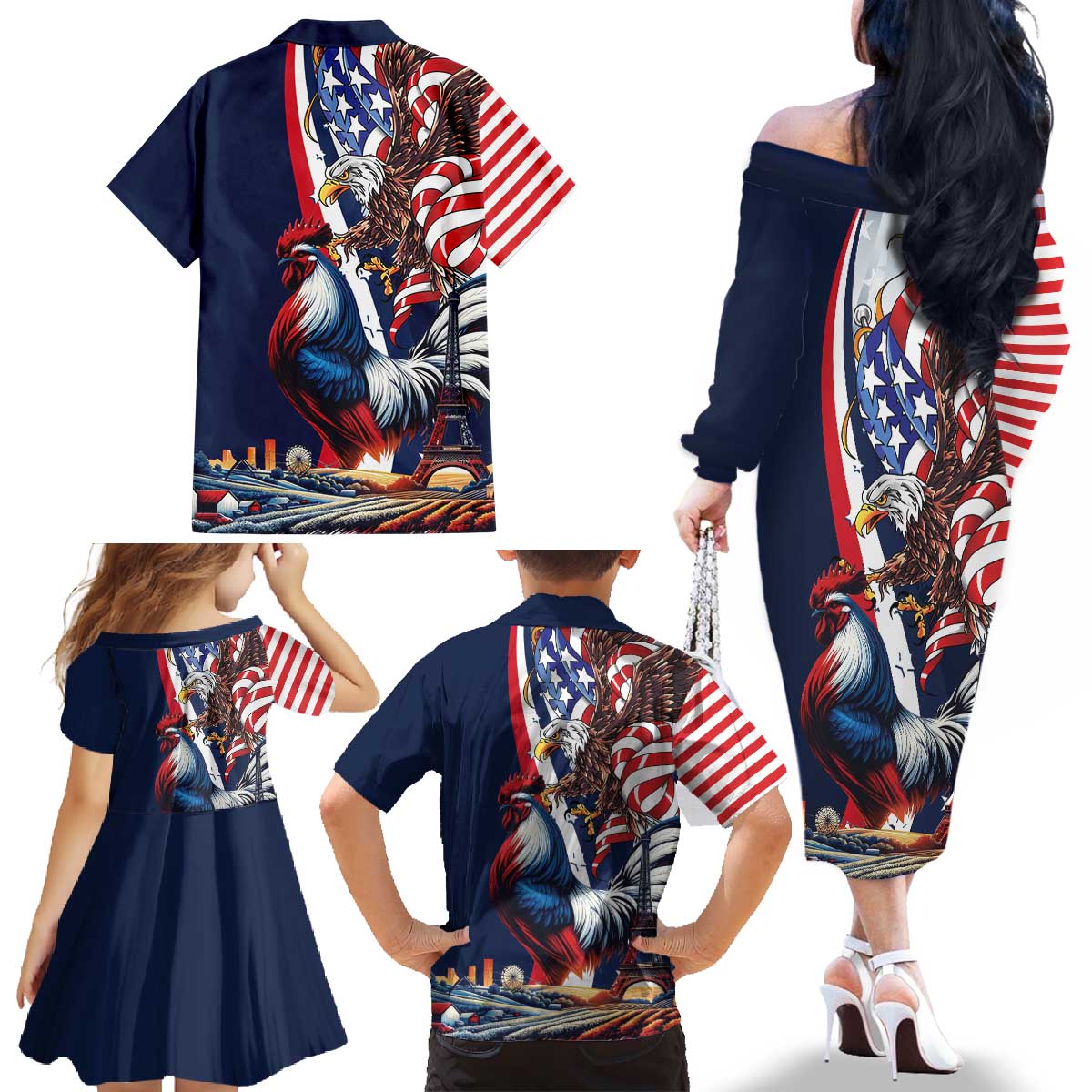 French American Heritage Month Family Matching Off The Shoulder Long Sleeve Dress and Hawaiian Shirt Gallic Rooster And Bald Eagle