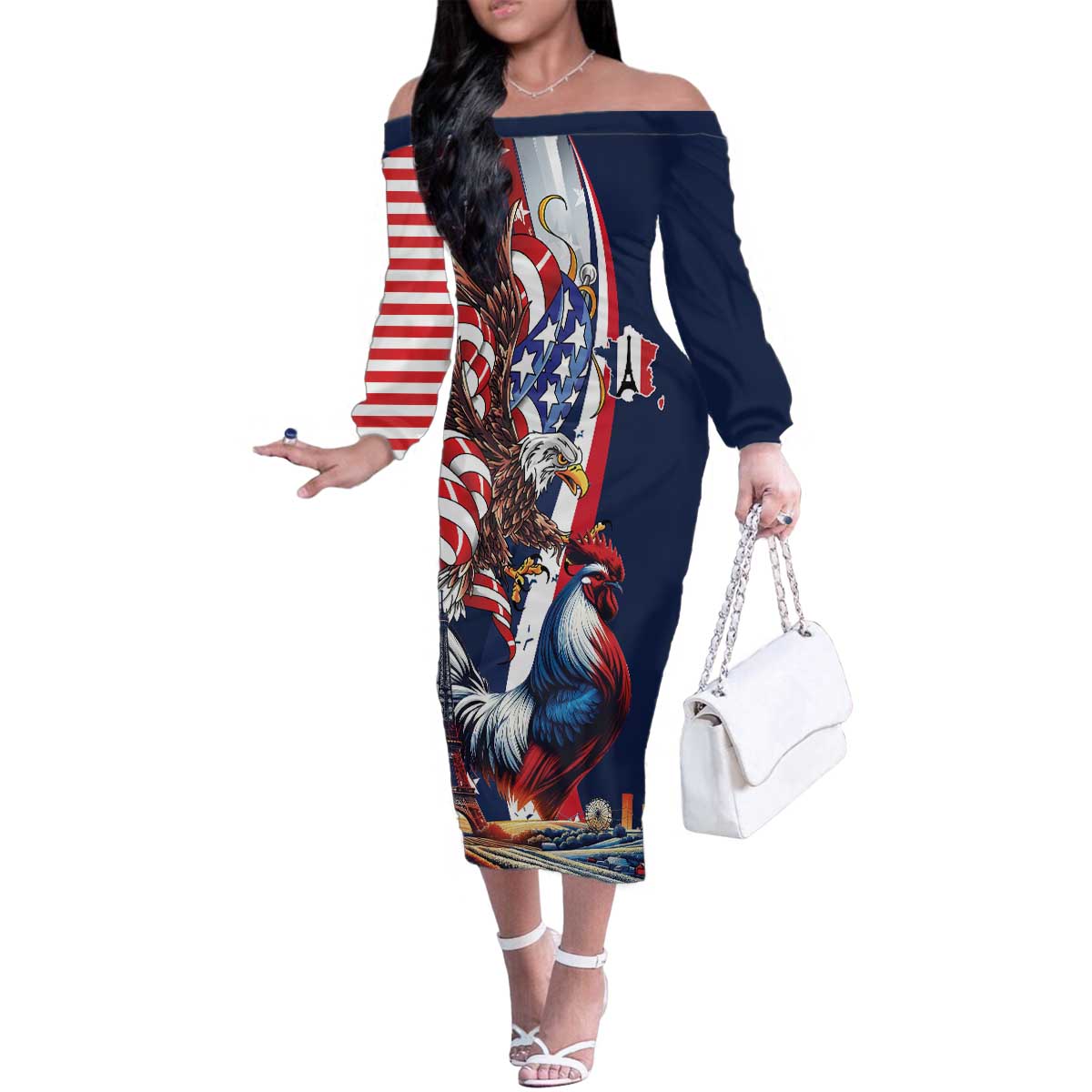 French American Heritage Month Family Matching Off The Shoulder Long Sleeve Dress and Hawaiian Shirt Gallic Rooster And Bald Eagle