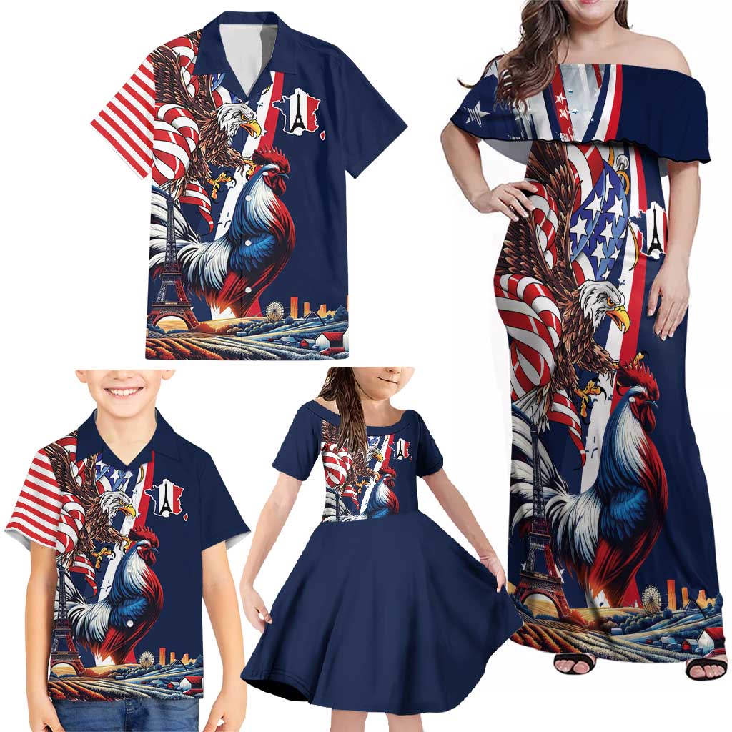 French American Heritage Month Family Matching Off Shoulder Maxi Dress and Hawaiian Shirt Gallic Rooster And Bald Eagle