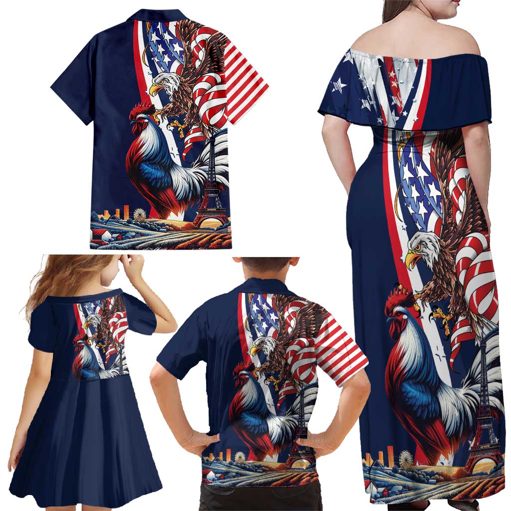 French American Heritage Month Family Matching Off Shoulder Maxi Dress and Hawaiian Shirt Gallic Rooster And Bald Eagle