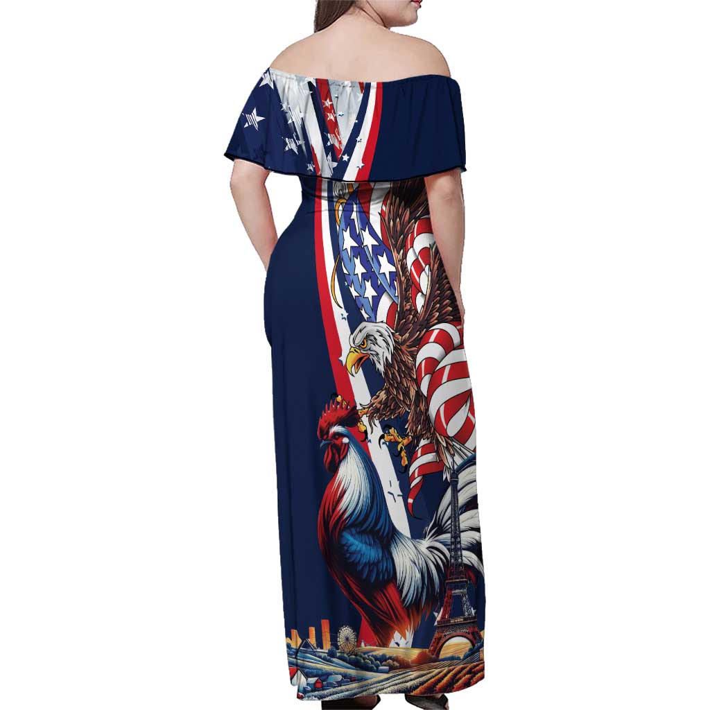 French American Heritage Month Family Matching Off Shoulder Maxi Dress and Hawaiian Shirt Gallic Rooster And Bald Eagle