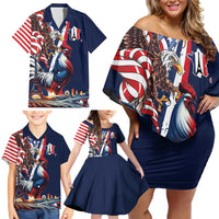 French American Heritage Month Family Matching Off Shoulder Short Dress and Hawaiian Shirt Gallic Rooster And Bald Eagle