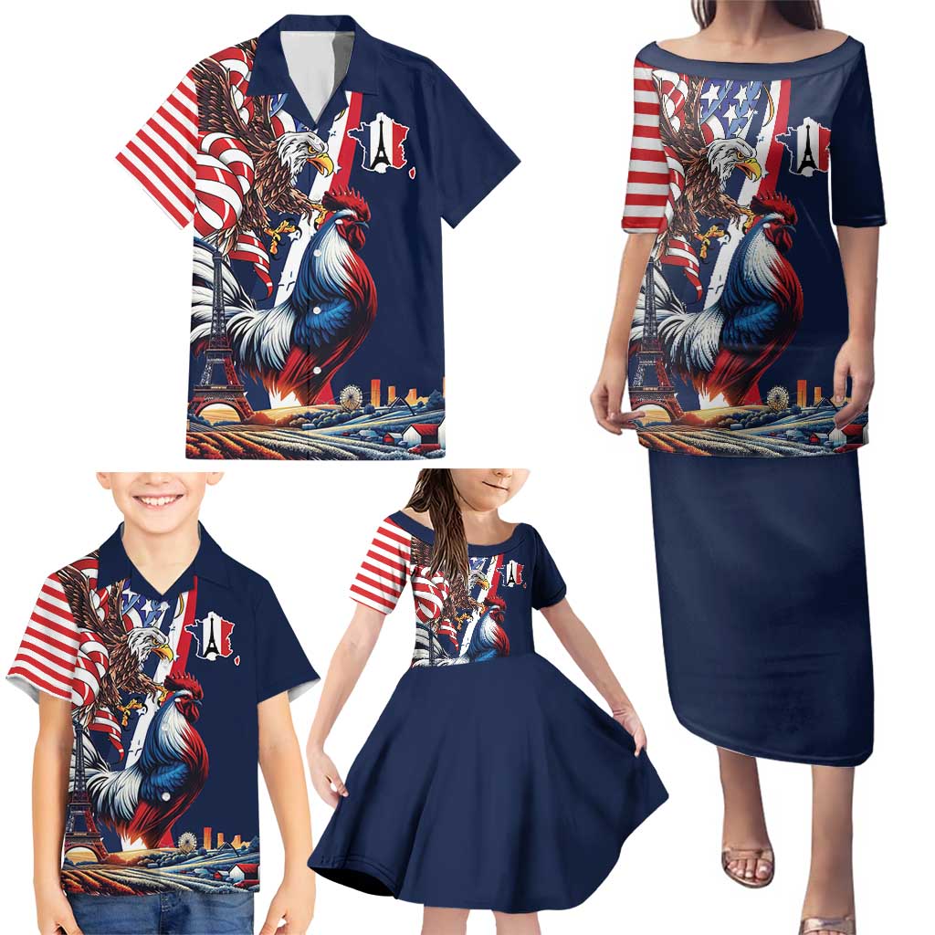 French American Heritage Month Family Matching Puletasi and Hawaiian Shirt Gallic Rooster And Bald Eagle
