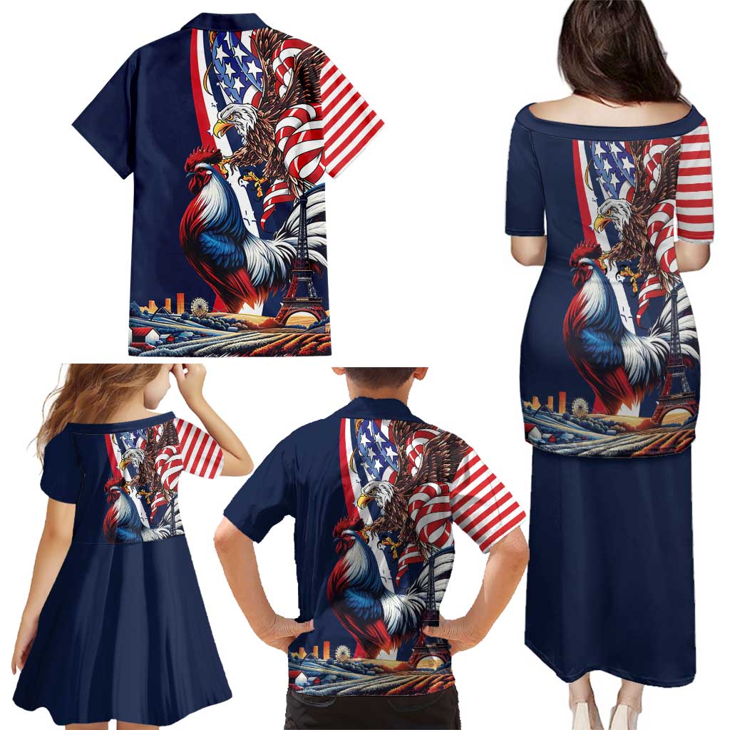 French American Heritage Month Family Matching Puletasi and Hawaiian Shirt Gallic Rooster And Bald Eagle
