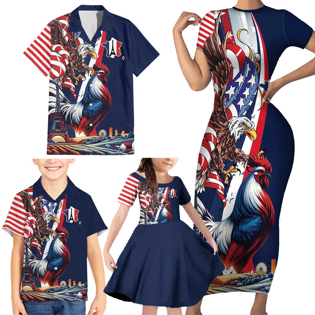 French American Heritage Month Family Matching Short Sleeve Bodycon Dress and Hawaiian Shirt Gallic Rooster And Bald Eagle
