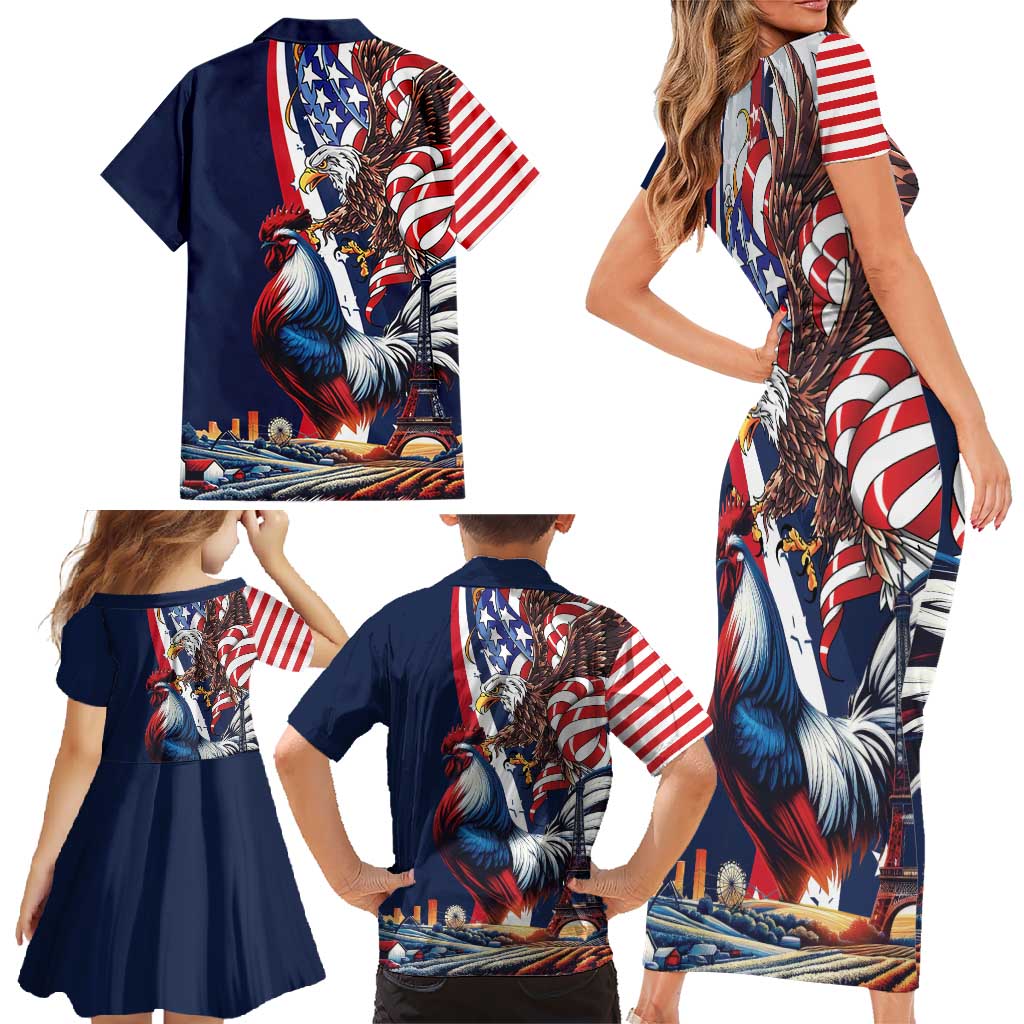 French American Heritage Month Family Matching Short Sleeve Bodycon Dress and Hawaiian Shirt Gallic Rooster And Bald Eagle