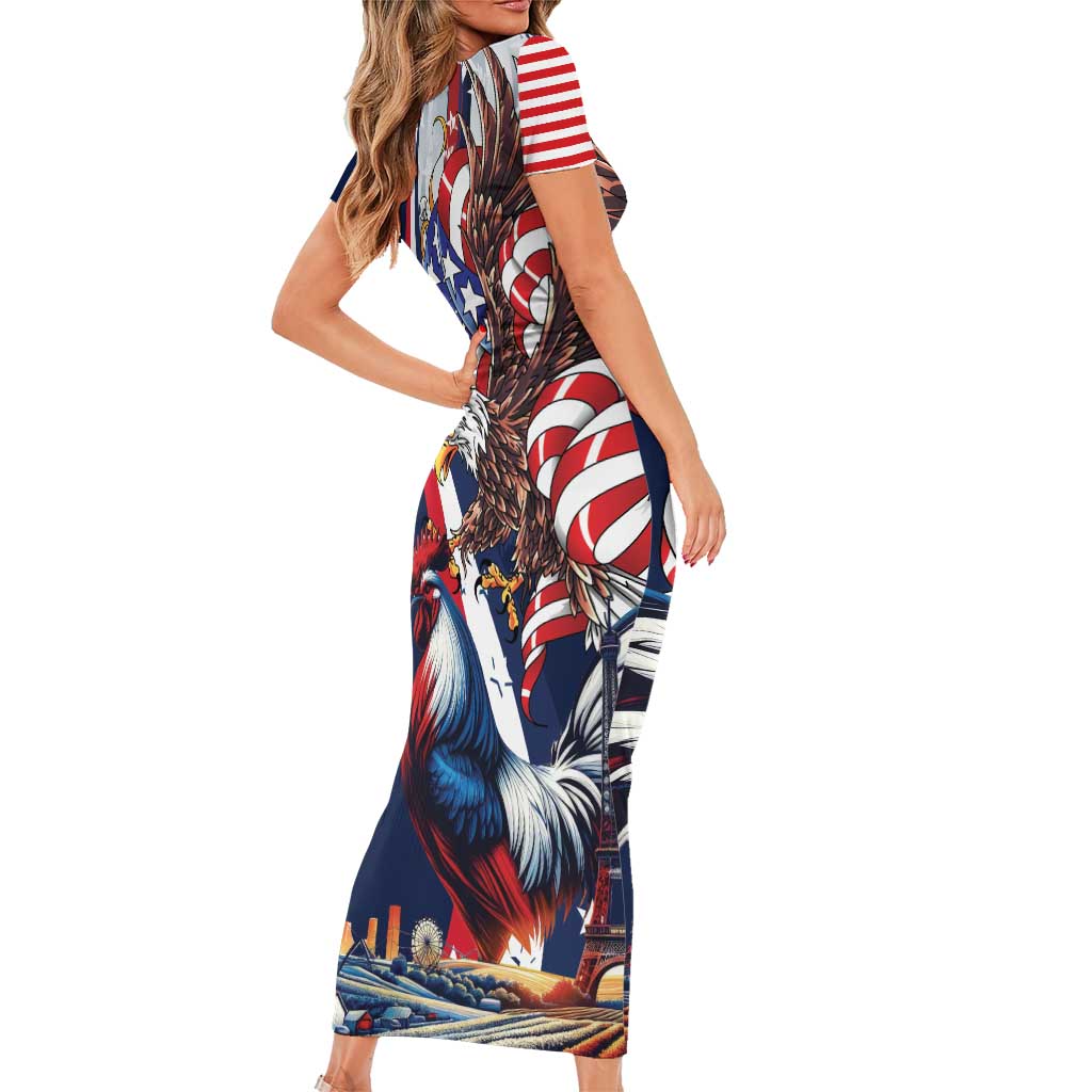 French American Heritage Month Family Matching Short Sleeve Bodycon Dress and Hawaiian Shirt Gallic Rooster And Bald Eagle