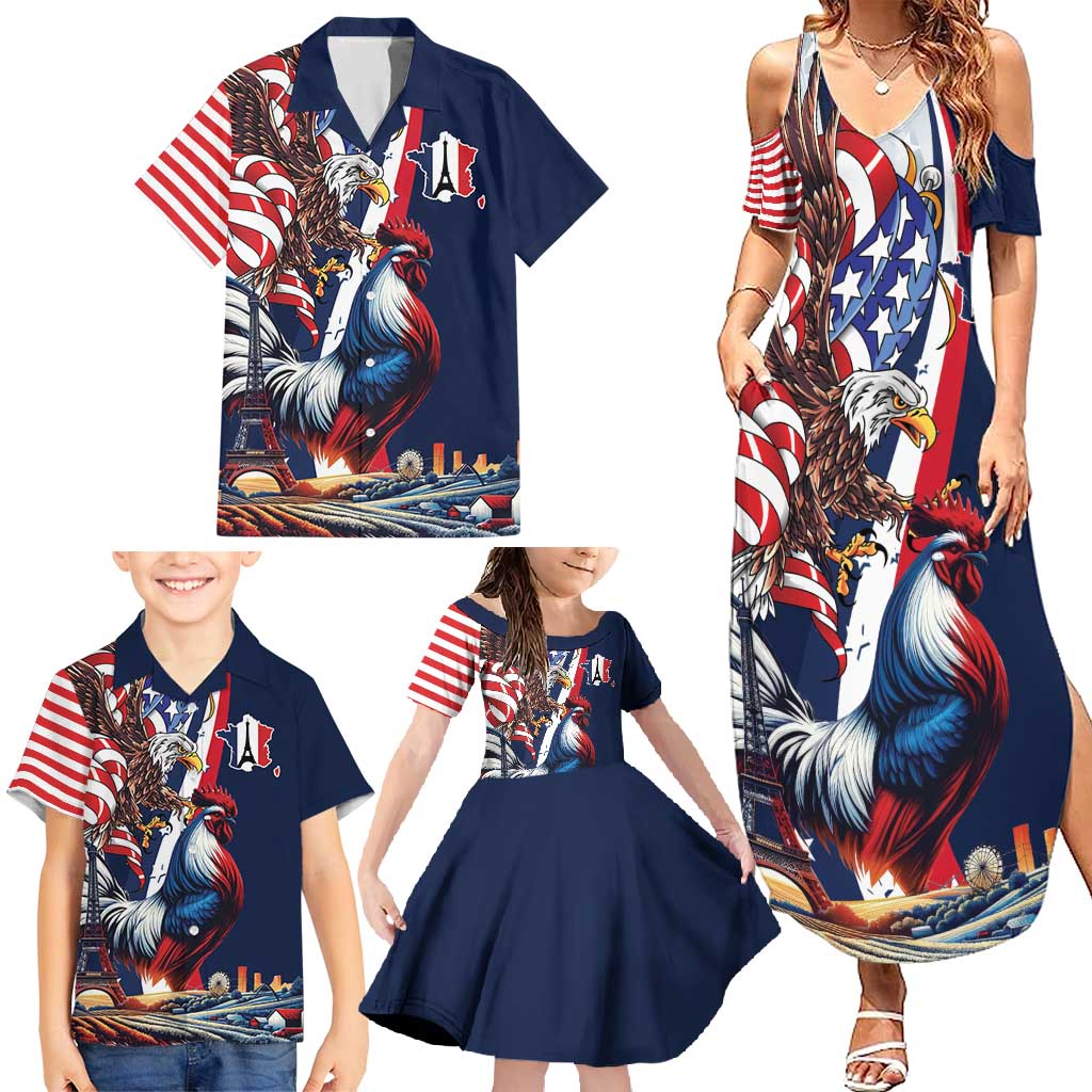 French American Heritage Month Family Matching Summer Maxi Dress and Hawaiian Shirt Gallic Rooster And Bald Eagle