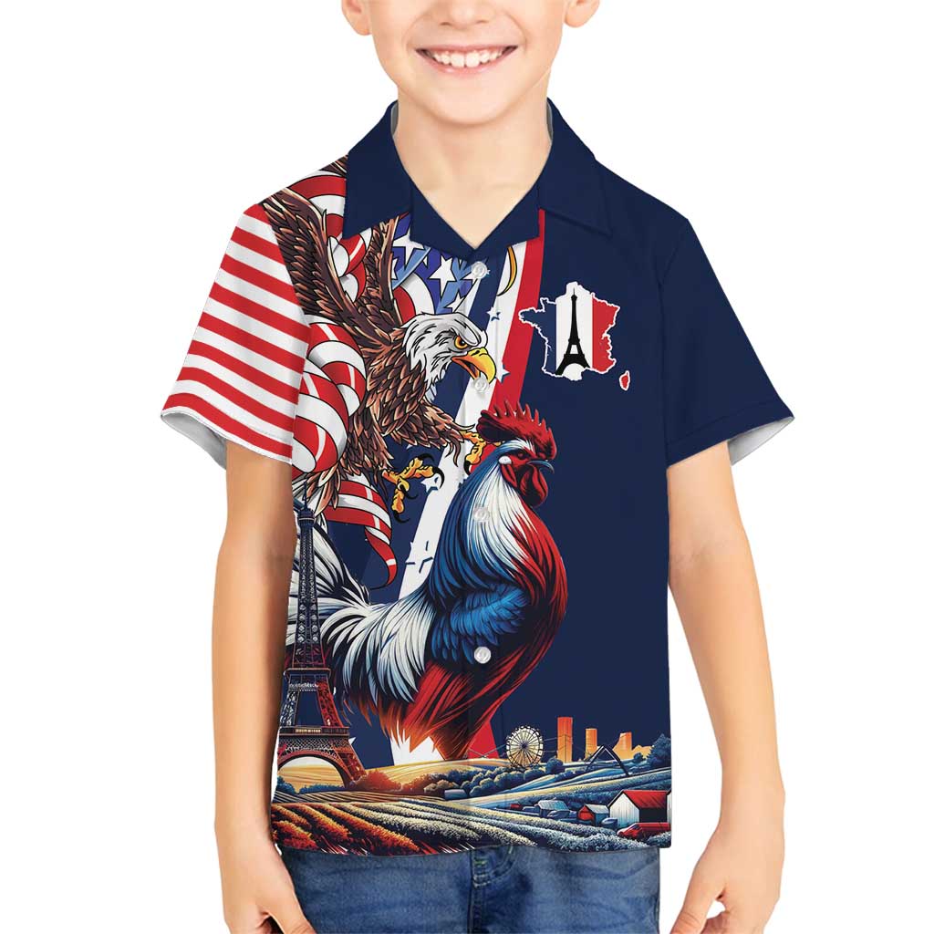 French American Heritage Month Family Matching Summer Maxi Dress and Hawaiian Shirt Gallic Rooster And Bald Eagle