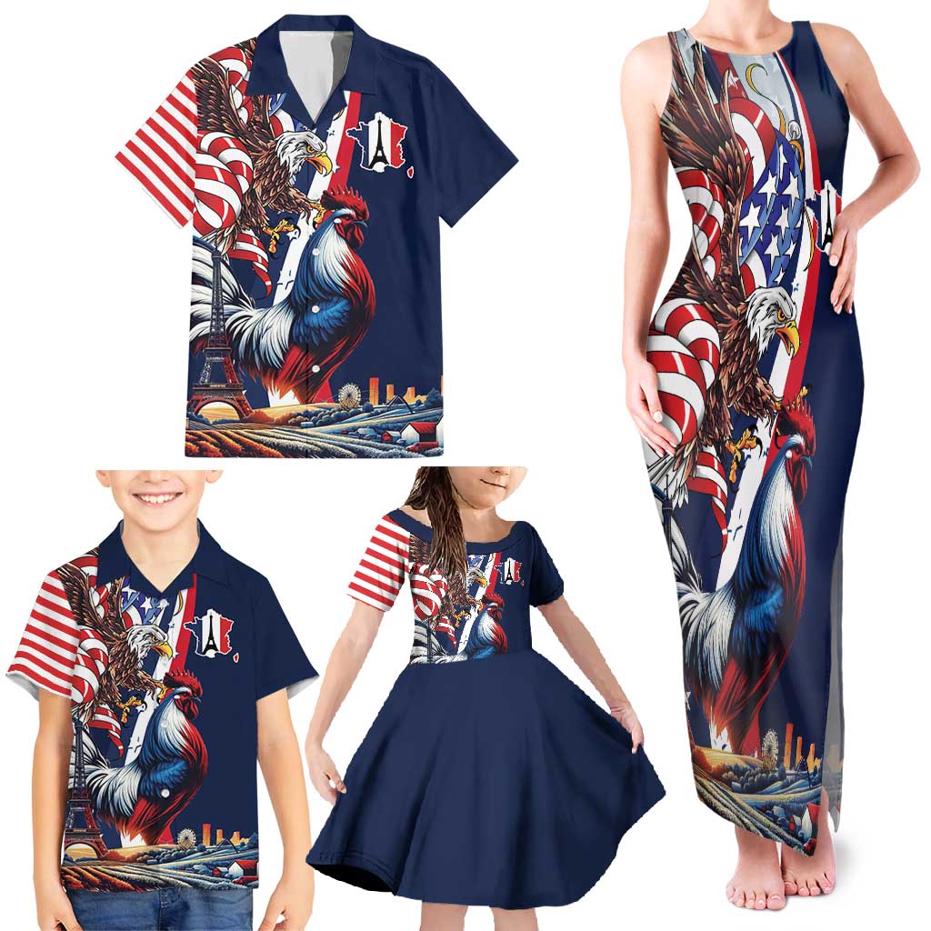 French American Heritage Month Family Matching Tank Maxi Dress and Hawaiian Shirt Gallic Rooster And Bald Eagle