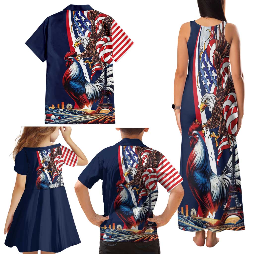 French American Heritage Month Family Matching Tank Maxi Dress and Hawaiian Shirt Gallic Rooster And Bald Eagle