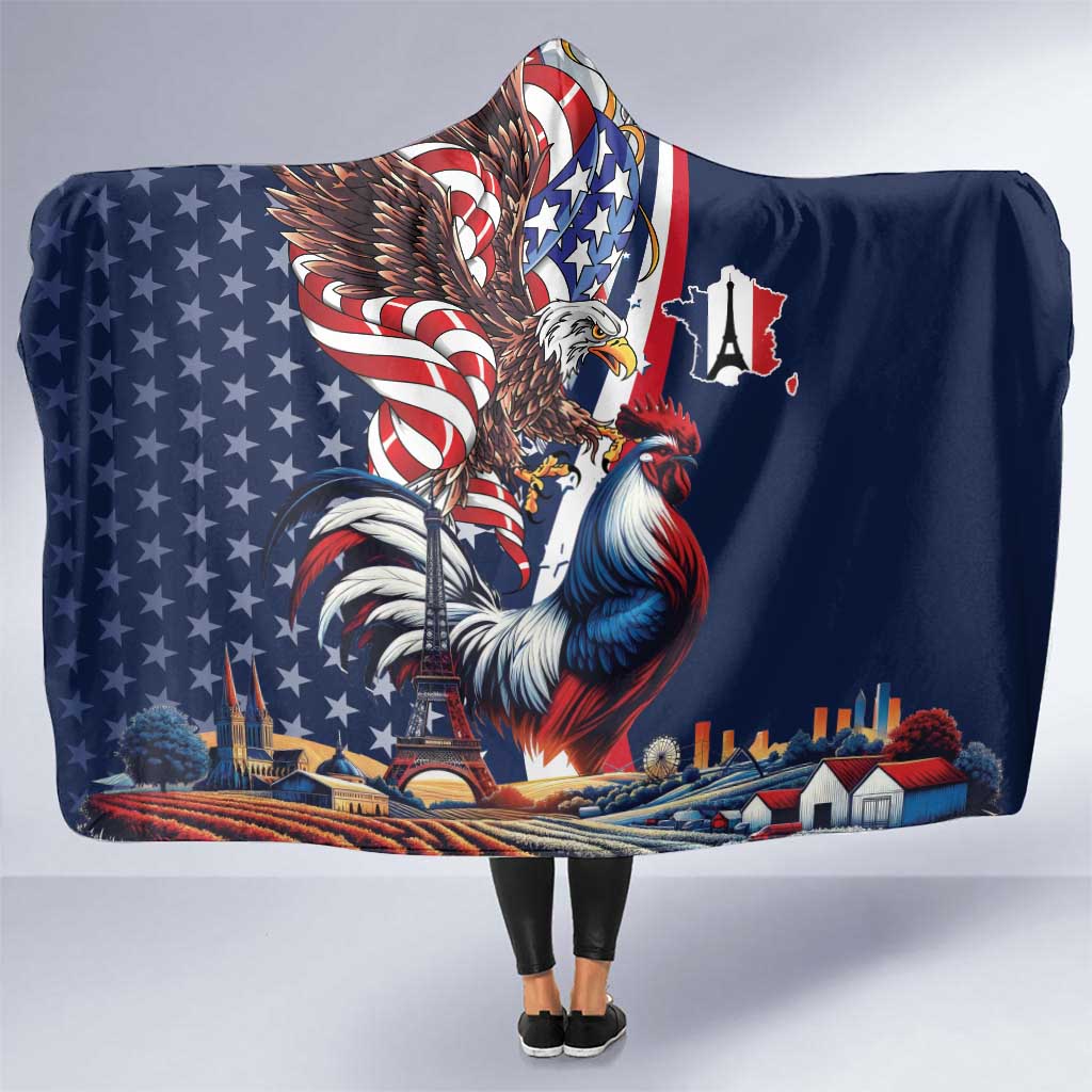 French American Heritage Month Hooded Blanket Gallic Rooster And Bald Eagle