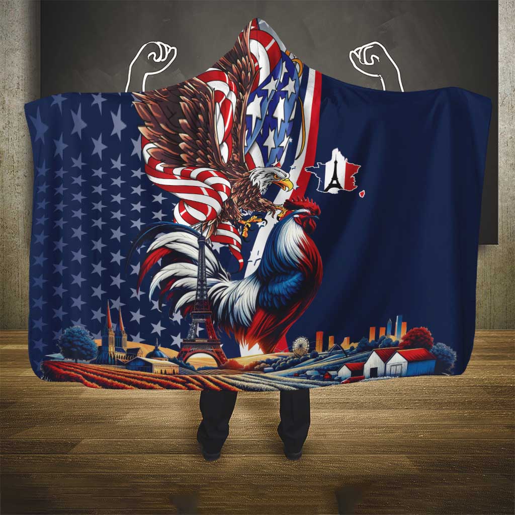 French American Heritage Month Hooded Blanket Gallic Rooster And Bald Eagle