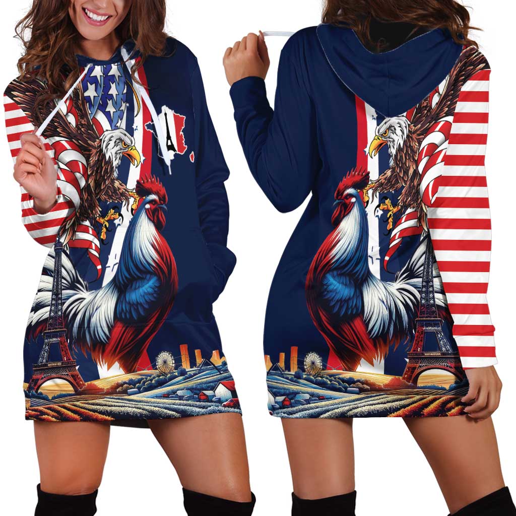 French American Heritage Month Hoodie Dress Gallic Rooster And Bald Eagle