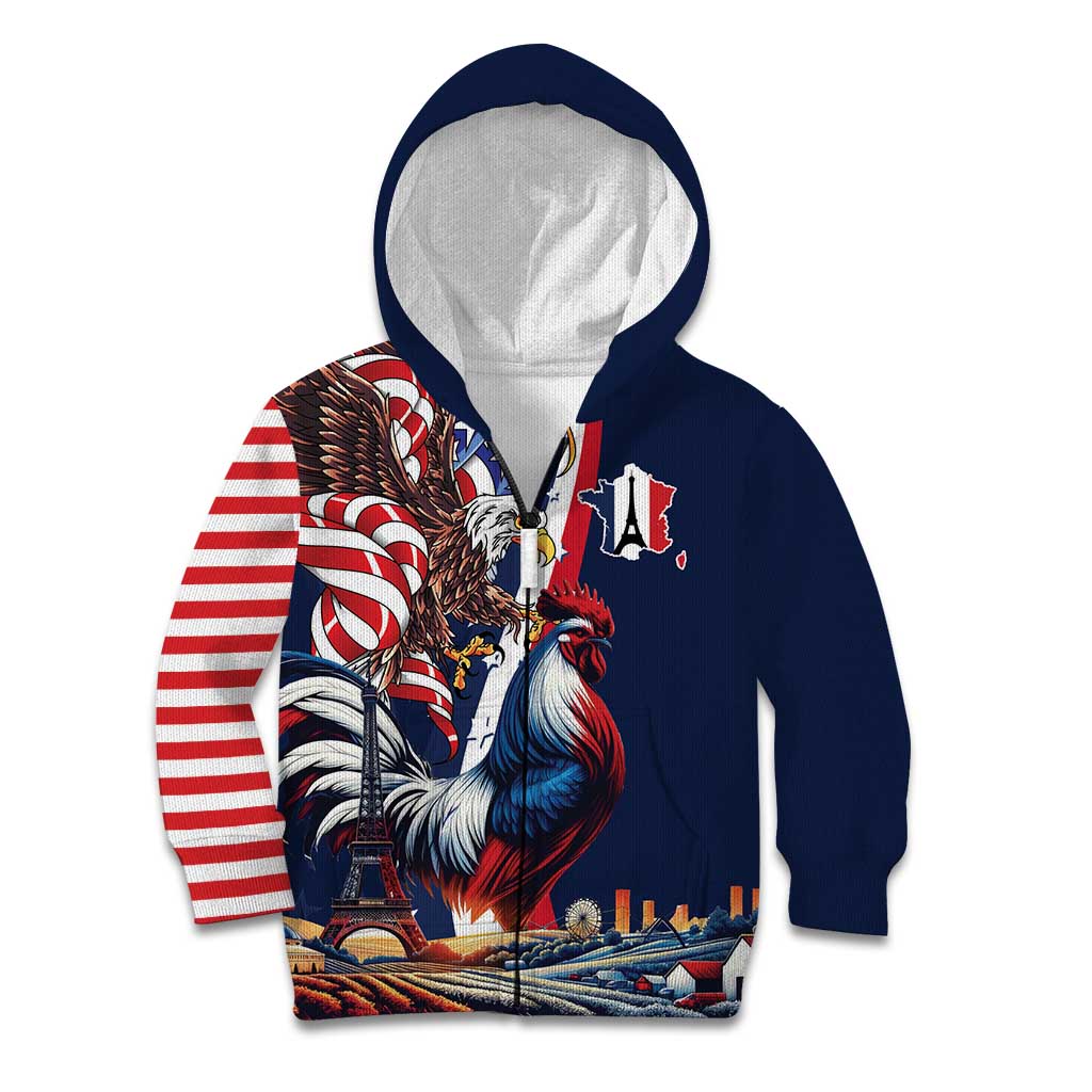 French American Heritage Month Kid Hoodie Gallic Rooster And Bald Eagle