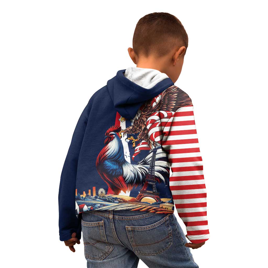 French American Heritage Month Kid Hoodie Gallic Rooster And Bald Eagle