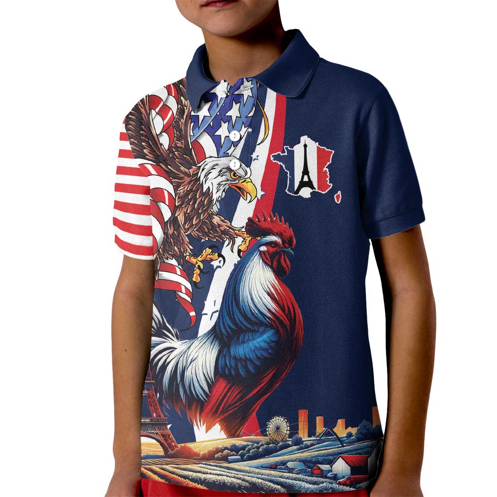 French American Heritage Month Kid Polo Shirt Gallic Rooster And Bald Eagle