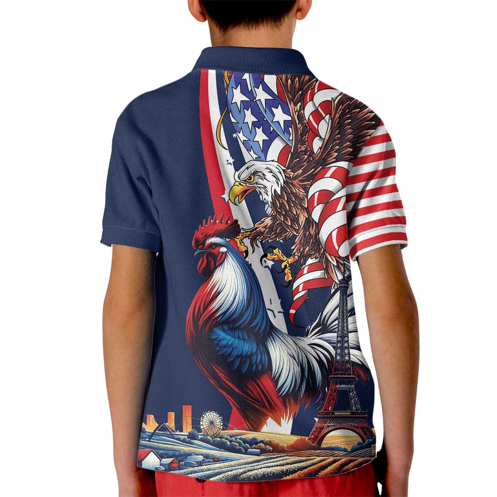 French American Heritage Month Kid Polo Shirt Gallic Rooster And Bald Eagle